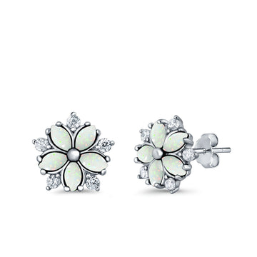 Flower Stud Earrings Lab Created White Opal Simulated CZ 925 Sterling Silver (9mm)
